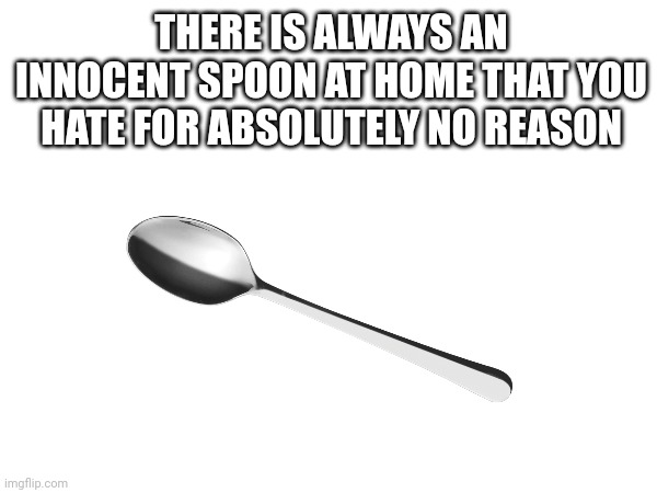 True tbh | THERE IS ALWAYS AN INNOCENT SPOON AT HOME THAT YOU HATE FOR ABSOLUTELY NO REASON | image tagged in true,lol,funny memes,funny,memes | made w/ Imgflip meme maker