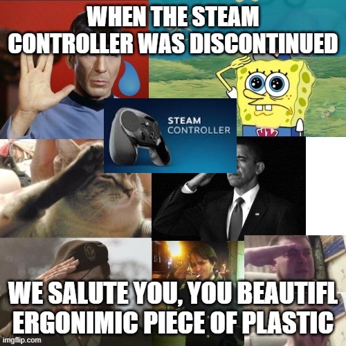 Salutes | WHEN THE STEAM CONTROLLER WAS DISCONTINUED; WE SALUTE YOU, YOU BEAUTIFL ERGONIMIC PIECE OF PLASTIC | image tagged in salutes,steam,valve,controller | made w/ Imgflip meme maker