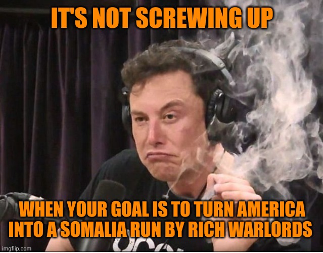 Elon Musk smoking a joint | IT'S NOT SCREWING UP WHEN YOUR GOAL IS TO TURN AMERICA INTO A SOMALIA RUN BY RICH WARLORDS | image tagged in elon musk smoking a joint | made w/ Imgflip meme maker