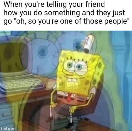 and you just wonder what you're doing wrong | When you're telling your friend how you do something and they just go "oh, so you're one of those people" | image tagged in internal screaming | made w/ Imgflip meme maker