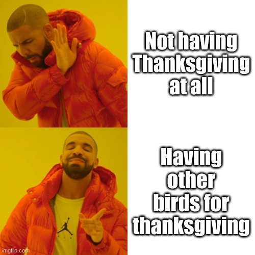 For a belated Thanksgiving |  Not having Thanksgiving at all; Having other birds for thanksgiving | image tagged in memes,drake hotline bling,thanksgiving dinner,late,funny,birds | made w/ Imgflip meme maker