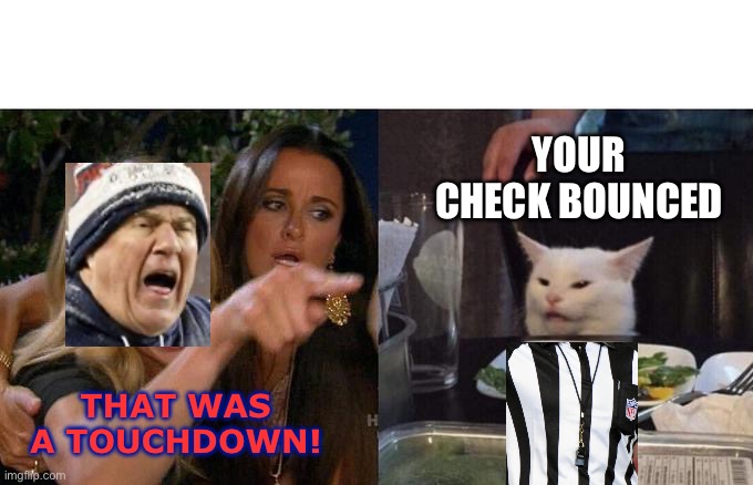 Patriots v Vikings | YOUR CHECK BOUNCED; THAT WAS A TOUCHDOWN! | image tagged in memes,woman yelling at cat,bill belichick,new england patriots,nfl referee | made w/ Imgflip meme maker