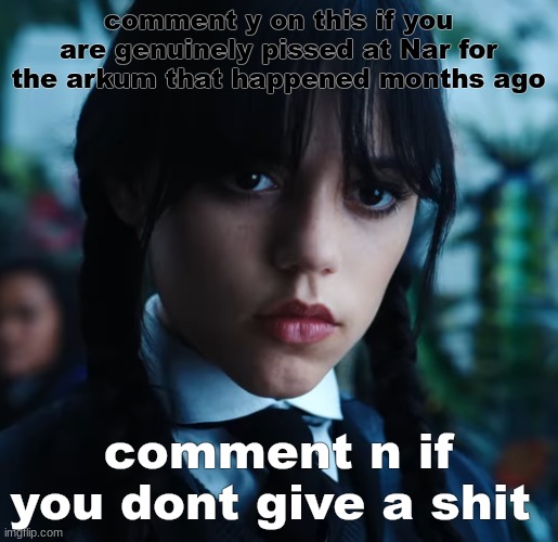 wednesday. | comment y on this if you are genuinely pissed at Nar for the arkum that happened months ago; comment n if you dont give a shit | image tagged in wednesday | made w/ Imgflip meme maker