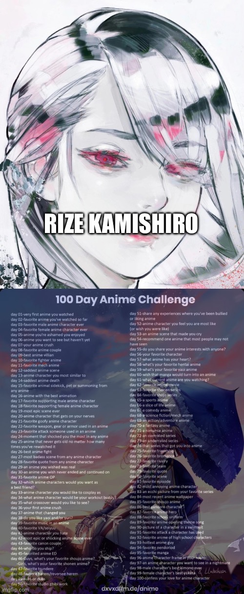 Art from Tokyo ghoul: re | RIZE KAMISHIRO | image tagged in 100 day anime challenge | made w/ Imgflip meme maker