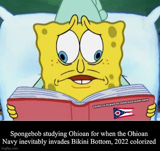 AHOY SPONGEBOY ME BOB, I’VE BEEN TAKEN HOSTAGE BY CORN-CRAZED CLEVELANDERS AND I’M GOING TO DIE ARGARGARGARGARGARGARG | Learn to Submit to your ohio overlords; Spongebob studying Ohioan for when the Ohioan Navy inevitably invades Bikini Bottom, 2022 colorized | made w/ Imgflip meme maker