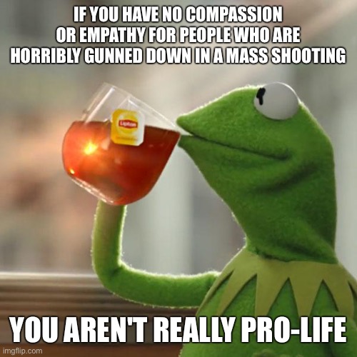 But That's None Of My Business | IF YOU HAVE NO COMPASSION OR EMPATHY FOR PEOPLE WHO ARE HORRIBLY GUNNED DOWN IN A MASS SHOOTING; YOU AREN'T REALLY PRO-LIFE | image tagged in memes,but that's none of my business,kermit the frog | made w/ Imgflip meme maker