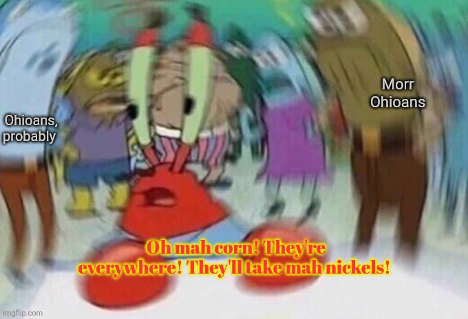 Mr Crabs | Oh mah corn! They're everywhere! They'll take mah nickels! Ohioans, probably Morr Ohioans | image tagged in mr crabs | made w/ Imgflip meme maker