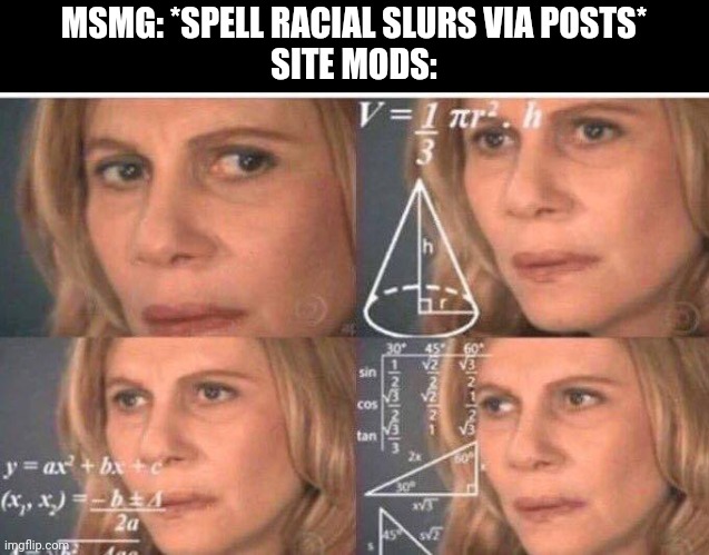 Pffft | MSMG: *SPELL RACIAL SLURS VIA POSTS*
SITE MODS: | image tagged in math lady/confused lady | made w/ Imgflip meme maker