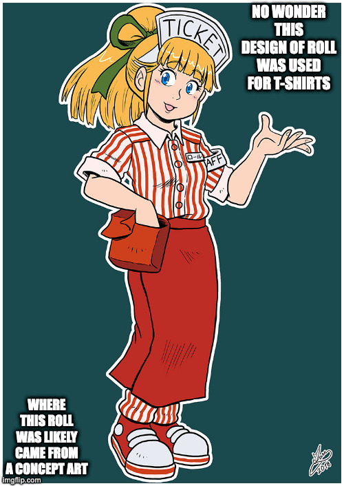 Waitress Roll | NO WONDER THIS DESIGN OF ROLL WAS USED FOR T-SHIRTS; WHERE THIS ROLL WAS LIKELY CAME FROM A CONCEPT ART | image tagged in megaman,roll,memes | made w/ Imgflip meme maker