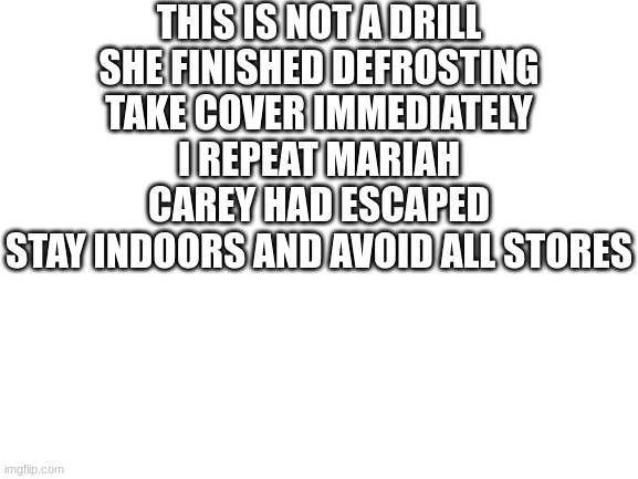 OH NO | THIS IS NOT A DRILL
SHE FINISHED DEFROSTING
TAKE COVER IMMEDIATELY
I REPEAT MARIAH CAREY HAD ESCAPED
STAY INDOORS AND AVOID ALL STORES | image tagged in blank white template | made w/ Imgflip meme maker