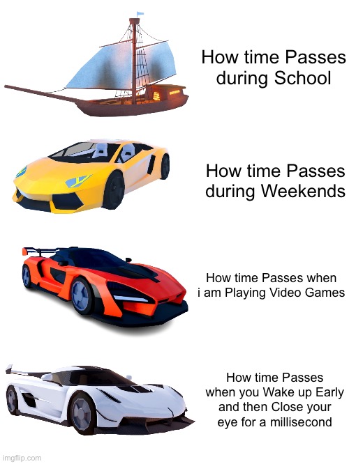 How time Passes (Roblox Jailbreak) | How time Passes during School; How time Passes during Weekends; How time Passes when i am Playing Video Games; How time Passes when you Wake up Early and then Close your eye for a millisecond | image tagged in memes,jailbreak,roblox,funny,time,relatable | made w/ Imgflip meme maker