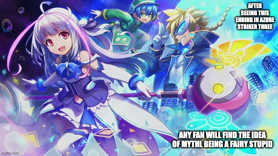 Azure Striker Gunvolt 3 Joker Ending | AFTER SEEING THIS ENDING IN AZURE STRIKER THREE; ANY FAN WILL FIND THE IDEA OF MYTHL BEING A FAIRY STUPID | image tagged in azure striker gunvolt,memes,gaming | made w/ Imgflip meme maker