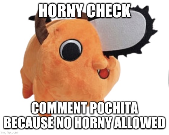 Pochita plush | HORNY CHECK; COMMENT POCHITA BECAUSE NO HORNY ALLOWED | image tagged in pochita plush | made w/ Imgflip meme maker