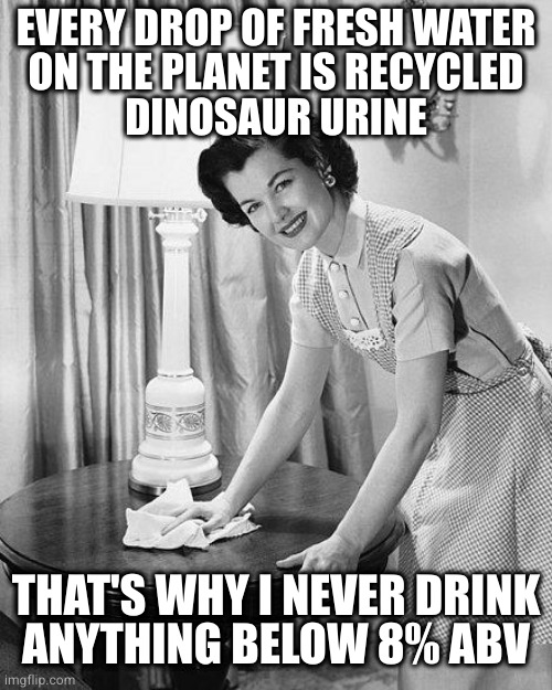 Advice mom | EVERY DROP OF FRESH WATER
ON THE PLANET IS RECYCLED
DINOSAUR URINE THAT'S WHY I NEVER DRINK
ANYTHING BELOW 8% ABV | image tagged in advice mom | made w/ Imgflip meme maker