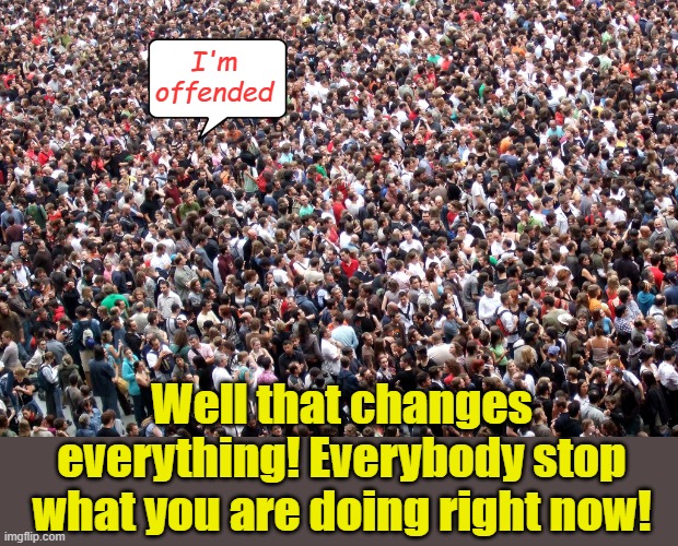 You (sniff, sniff) can't offend me. | I'm offended; Well that changes everything! Everybody stop what you are doing right now! | image tagged in crowd of people | made w/ Imgflip meme maker