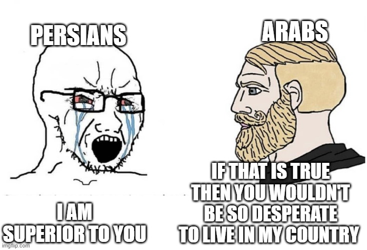 persians vs arabs | ARABS; PERSIANS; IF THAT IS TRUE THEN YOU WOULDN'T BE SO DESPERATE TO LIVE IN MY COUNTRY; I AM SUPERIOR TO YOU | image tagged in soyboy vs yes chad | made w/ Imgflip meme maker