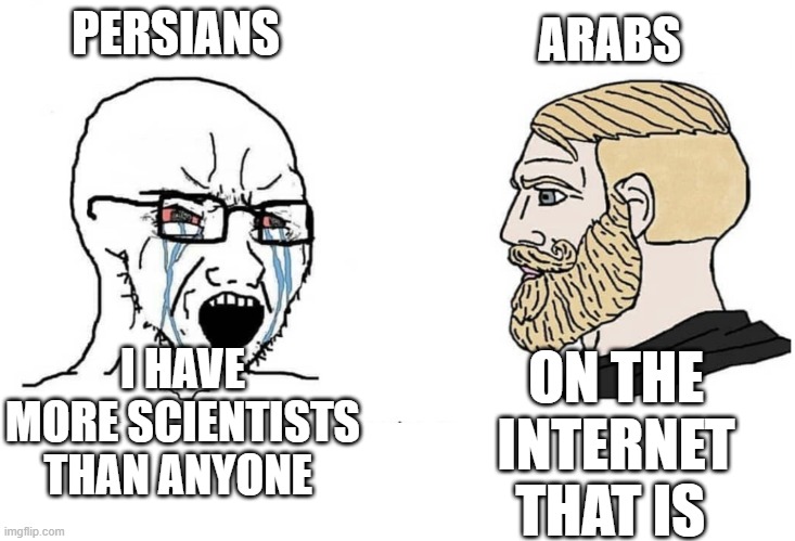 the plathera of persian scientists | PERSIANS; ARABS; I HAVE MORE SCIENTISTS THAN ANYONE; ON THE INTERNET THAT IS | image tagged in soyboy vs yes chad,memes,arabs,persians,iran,persia | made w/ Imgflip meme maker