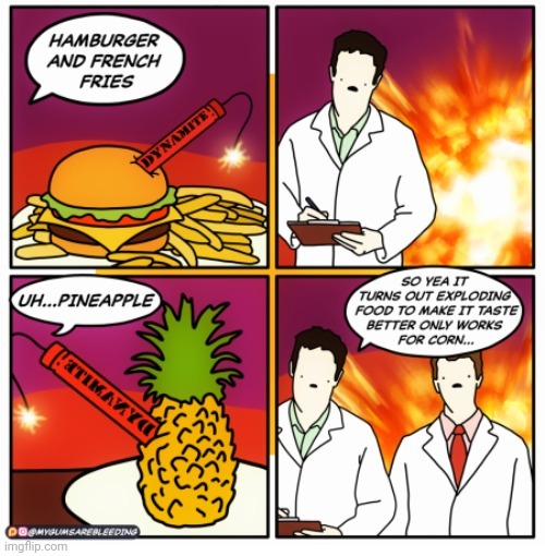 Food explosion | image tagged in burger,fries,pineapple,explosion,comics,comics/cartoons | made w/ Imgflip meme maker