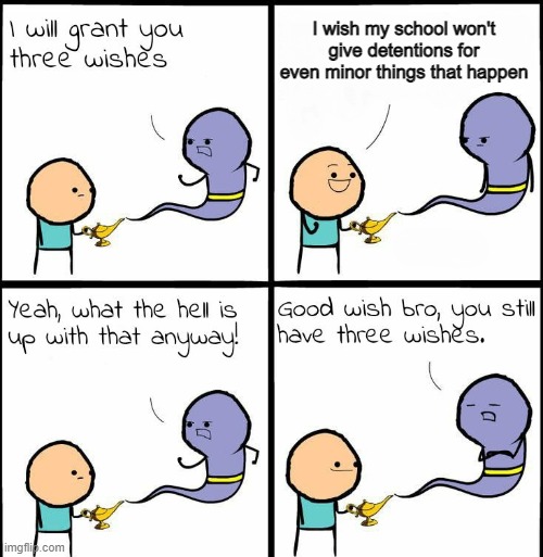 genie what the hell is up with that anyway | I wish my school won't give detentions for even minor things that happen | image tagged in genie what the hell is up with that anyway | made w/ Imgflip meme maker