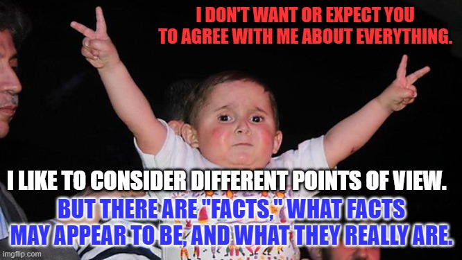 The truth should only hurt once. | I DON'T WANT OR EXPECT YOU TO AGREE WITH ME ABOUT EVERYTHING. I LIKE TO CONSIDER DIFFERENT POINTS OF VIEW. BUT THERE ARE "FACTS," WHAT FACTS MAY APPEAR TO BE, AND WHAT THEY REALLY ARE. | image tagged in peace sign baby | made w/ Imgflip meme maker