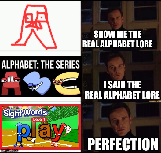 i bet you just got nostalgia | SHOW ME THE REAL ALPHABET LORE; I SAID THE REAL ALPHABET LORE; PERFECTION | image tagged in show me the real,alphabet lore | made w/ Imgflip meme maker