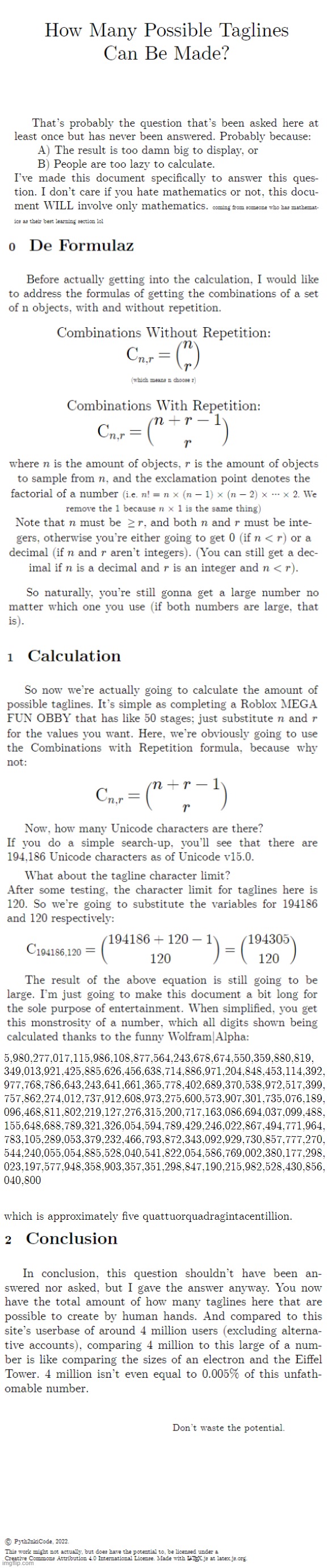 so I was somehow able to calculate the amount of possible imgflip tagline combinations via binomials and put it into a LaTeX doc | made w/ Imgflip meme maker