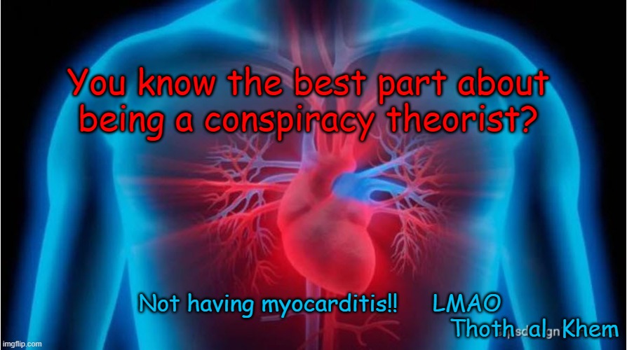 COVID HOAX CLOT SHOTS | You know the best part about 
being a conspiracy theorist? Not having myocarditis!!     LMAO

                                                              Thoth  al  Khem | image tagged in clotshot,poison vaccines,fauci lied,people died,died suddenly | made w/ Imgflip meme maker