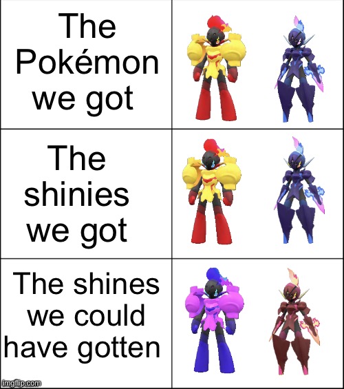 Remember what they took from you (also changed their colors via Picsart) | The Pokémon we got; The shinies we got; The shines we could have gotten | image tagged in 6 panel,pokemon,shiny,memes,look how they massacred my boy | made w/ Imgflip meme maker