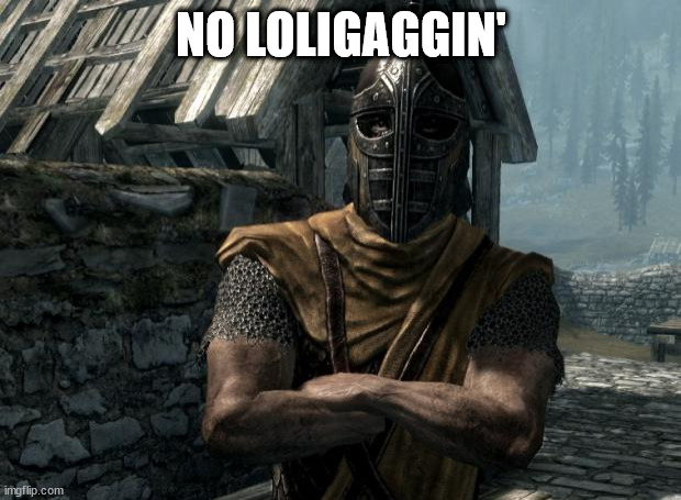 Skyrim guards be like | NO LOLIGAGGIN' | image tagged in skyrim guards be like | made w/ Imgflip meme maker