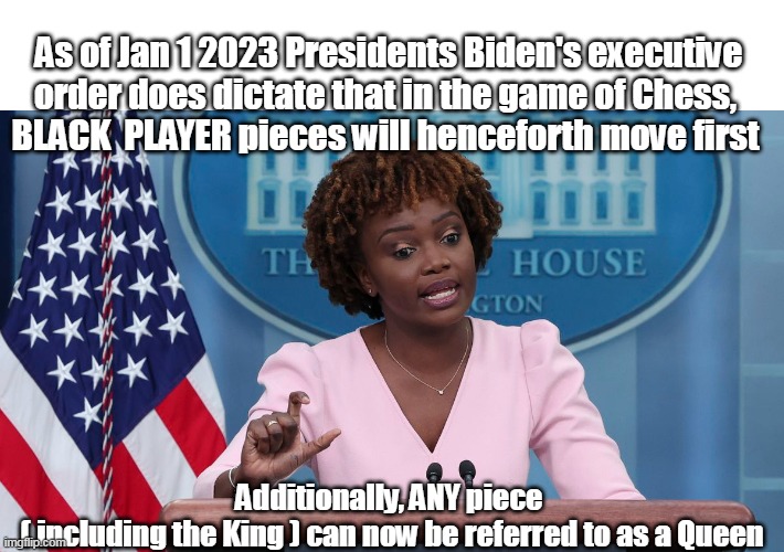 Forget Equality, we want EQUITY in everything | As of Jan 1 2023 Presidents Biden's executive order does dictate that in the game of Chess, 
BLACK  PLAYER pieces will henceforth move first; Additionally, ANY piece 
( including the King ) can now be referred to as a Queen | image tagged in what else can that jag off fuck up | made w/ Imgflip meme maker