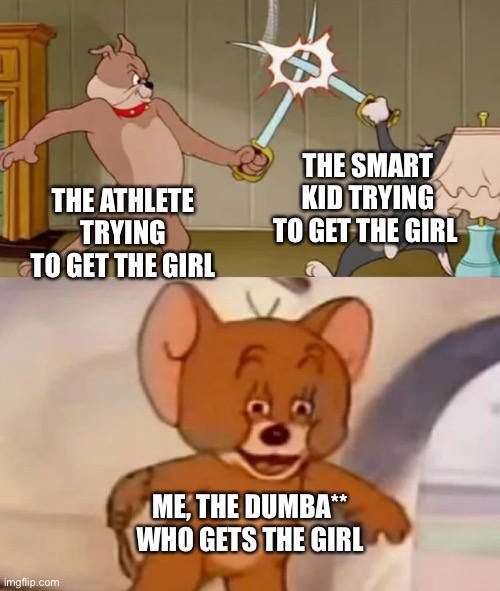 FR | THE SMART KID TRYING TO GET THE GIRL; THE ATHLETE TRYING TO GET THE GIRL; ME, THE DUMBA** WHO GETS THE GIRL | image tagged in tom and spike fighting | made w/ Imgflip meme maker