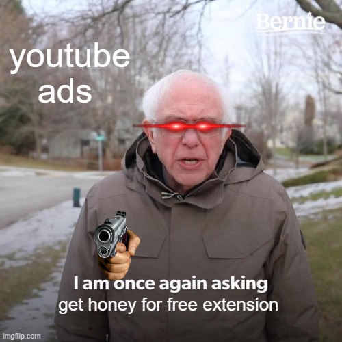 Bernie I Am Once Again Asking For Your Support | youtube ads; get honey for free extension | image tagged in memes,bernie i am once again asking for your support | made w/ Imgflip meme maker