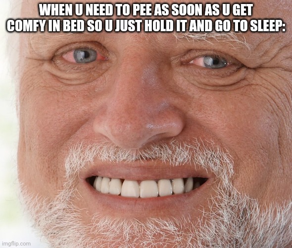 I'm comfy tho! | WHEN U NEED TO PEE AS SOON AS U GET COMFY IN BED SO U JUST HOLD IT AND GO TO SLEEP: | image tagged in hide the pain harold | made w/ Imgflip meme maker