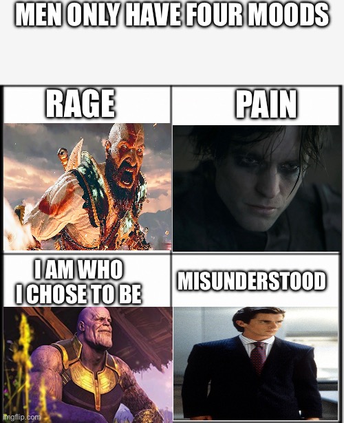 Men | MEN ONLY HAVE FOUR MOODS; RAGE; PAIN; MISUNDERSTOOD; I AM WHO I CHOSE TO BE | image tagged in table chart | made w/ Imgflip meme maker
