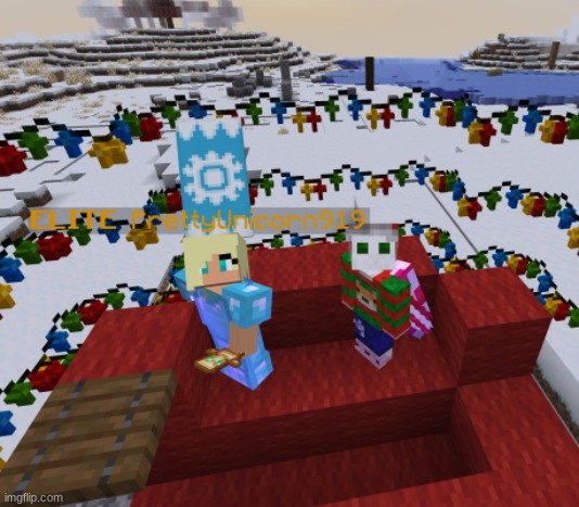 A photo from my friends pov. Me and him with our xmas skins on a santa sleigh built by me (we have texture packs on) | image tagged in minecraft,christmas,fun | made w/ Imgflip meme maker