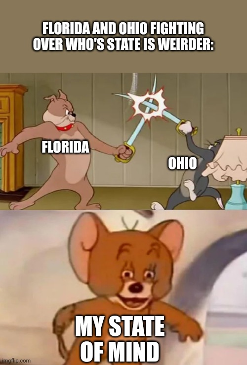 Yea | FLORIDA AND OHIO FIGHTING OVER WHO'S STATE IS WEIRDER:; FLORIDA; OHIO; MY STATE OF MIND | image tagged in tom and spike fighting | made w/ Imgflip meme maker