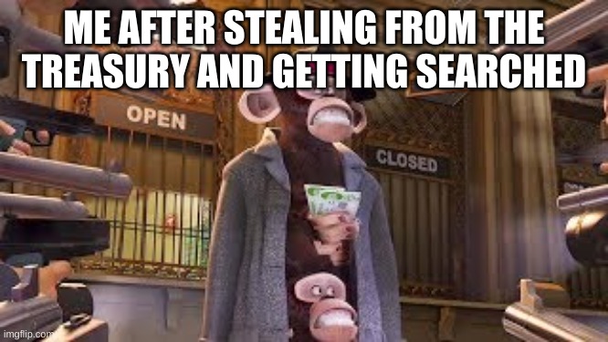 Monkeys get Caught | ME AFTER STEALING FROM THE TREASURY AND GETTING SEARCHED | image tagged in monkeys get caught | made w/ Imgflip meme maker