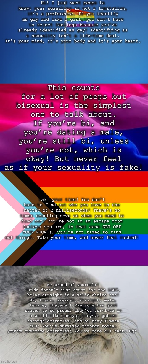 Hope this reaches out to someone who needs it! | Hi! I just want peeps ta know: your sexuality is not a limitation, it’s a preference. If you identify as gay and like a girl, you don’t have to reject feelings because you’ve already identified as gay! Identifying as a sexuality isn’t a life-time deal. It’s your mind, it’s your body and it’s your heart. This counts for a lot of peeps but bisexual is the simplest one to talk about. If you’re bi, and you’re dating a male, you’re still bi, unless you’re not, which is okay! But never feel as if your sexuality is fake! Take your time! You don’t have to find out who you love in the matter of 2 milliseconds! There’s no timer counting down on when you need to find out! You’re not in an escape room (unless you are, in that case GET OFF YOUR PHONE!) you’re not timed to find out things. Take your time, and never feel rushed! Be proud of yourself! Pride doesn’t just count for the LGBT, being straight is a valid choice too! Bi, trans, asexual, straight, male, female, whatever! Everyone has good reason to be proud, they’ve survived in a world like todays, they’ve gotten through obstacles, and by they I mean YOU! You’ve survived through today, you’ve overcame obstacles! You’ve done all that. Gg! | image tagged in lgbtq flag,bi flag waving,pride flag,memes,satisfied seal | made w/ Imgflip meme maker