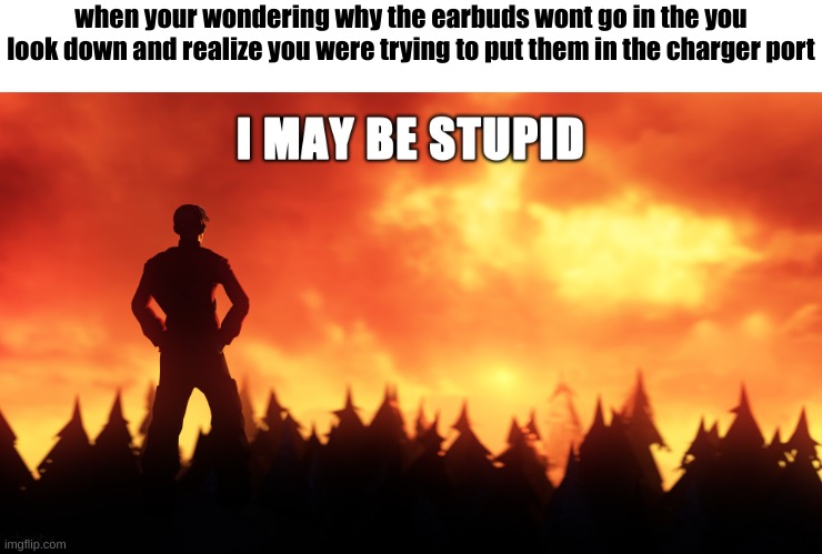 i may be stupid | when your wondering why the earbuds wont go in the you look down and realize you were trying to put them in the charger port | image tagged in i may be stupid | made w/ Imgflip meme maker