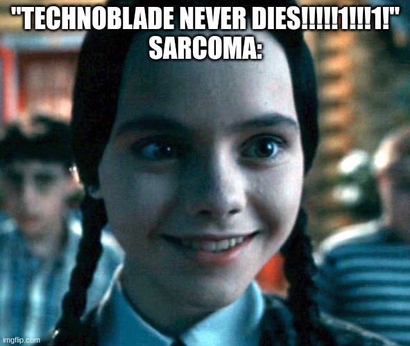 if you dont know what sarcoma is, look it up. | "TECHNOBLADE NEVER DIES!!!!!1!!!1!"
SARCOMA: | image tagged in wednesday smiling | made w/ Imgflip meme maker