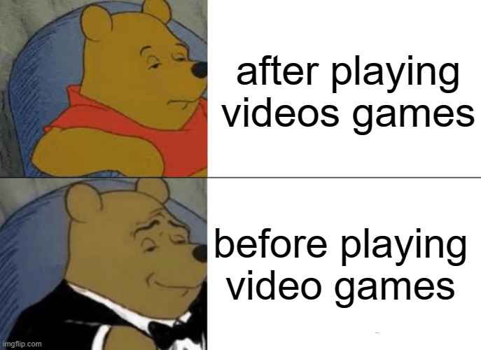 Tuxedo Winnie The Pooh Meme | after playing videos games; before playing video games | image tagged in memes,tuxedo winnie the pooh | made w/ Imgflip meme maker