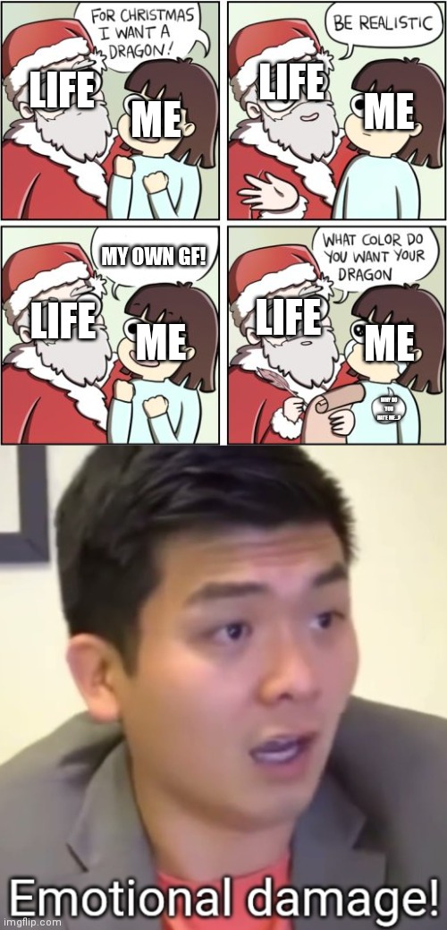 LIFE; ME; ME; LIFE; MY OWN GF! LIFE; LIFE; ME; ME; WHY DO YOU HATE ME...? | image tagged in for christmas i want a dragon,emotional damage,memes | made w/ Imgflip meme maker