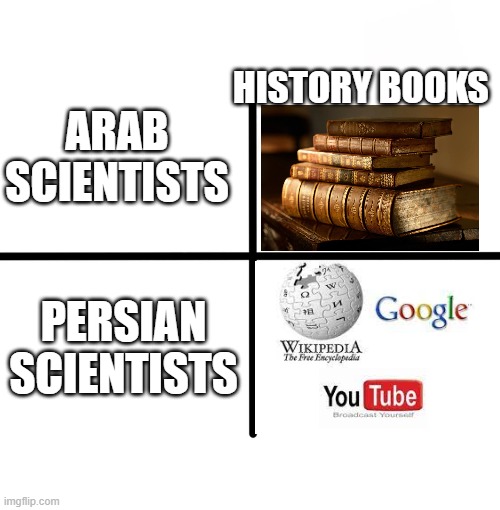 the major difference between arab and persian scientists | HISTORY BOOKS; ARAB SCIENTISTS; PERSIAN SCIENTISTS | image tagged in memes,blank starter pack,iran,persian,persia,arab | made w/ Imgflip meme maker