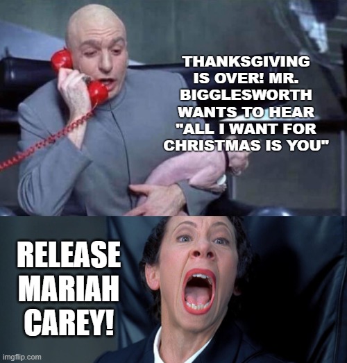 It's the most annoying time of the year... | THANKSGIVING IS OVER! MR. BIGGLESWORTH WANTS TO HEAR "ALL I WANT FOR CHRISTMAS IS YOU"; RELEASE MARIAH CAREY! | image tagged in dr evil and frau | made w/ Imgflip meme maker