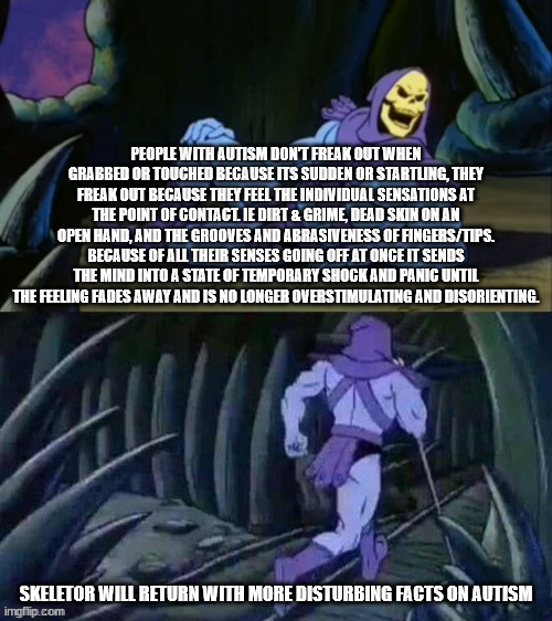 facts about Autism and the sense of "touch" | PEOPLE WITH AUTISM DON'T FREAK OUT WHEN GRABBED OR TOUCHED BECAUSE ITS SUDDEN OR STARTLING, THEY FREAK OUT BECAUSE THEY FEEL THE INDIVIDUAL SENSATIONS AT THE POINT OF CONTACT. IE DIRT & GRIME, DEAD SKIN ON AN OPEN HAND, AND THE GROOVES AND ABRASIVENESS OF FINGERS/TIPS. BECAUSE OF ALL THEIR SENSES GOING OFF AT ONCE IT SENDS THE MIND INTO A STATE OF TEMPORARY SHOCK AND PANIC UNTIL THE FEELING FADES AWAY AND IS NO LONGER OVERSTIMULATING AND DISORIENTING. SKELETOR WILL RETURN WITH MORE DISTURBING FACTS ON AUTISM | image tagged in skeletor disturbing facts | made w/ Imgflip meme maker