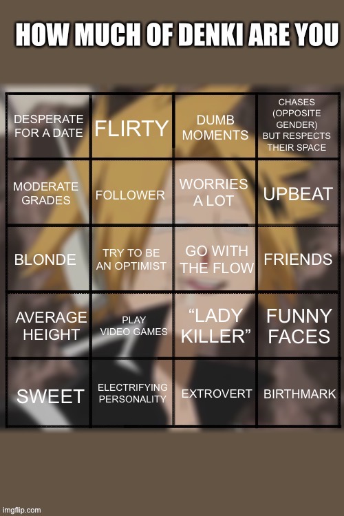 I made a new template! (Someone pls make it a template bc idk how T~T) | CHASES (OPPOSITE GENDER) BUT RESPECTS THEIR SPACE; DESPERATE FOR A DATE; FLIRTY; DUMB MOMENTS; MODERATE GRADES; FOLLOWER; WORRIES A LOT; UPBEAT; GO WITH THE FLOW; FRIENDS; BLONDE; TRY TO BE AN OPTIMIST; “LADY KILLER”; FUNNY FACES; AVERAGE HEIGHT; PLAY VIDEO GAMES; ELECTRIFYING PERSONALITY; EXTROVERT; SWEET; BIRTHMARK | made w/ Imgflip meme maker