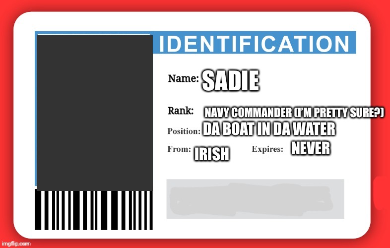 Kinda bad lol | SADIE; NAVY COMMANDER (I’M PRETTY SURE?); DA BOAT IN DA WATER; NEVER; IRISH | image tagged in imgflip id | made w/ Imgflip meme maker
