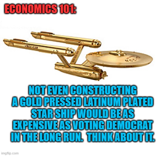 Just something for leftists to think about. | ECONOMICS 101:; NOT EVEN CONSTRUCTING A GOLD PRESSED LATINUM PLATED STAR SHIP WOULD BE AS EXPENSIVE AS VOTING DEMOCRAT IN THE LONG RUN.  THINK ABOUT IT. | image tagged in truth | made w/ Imgflip meme maker