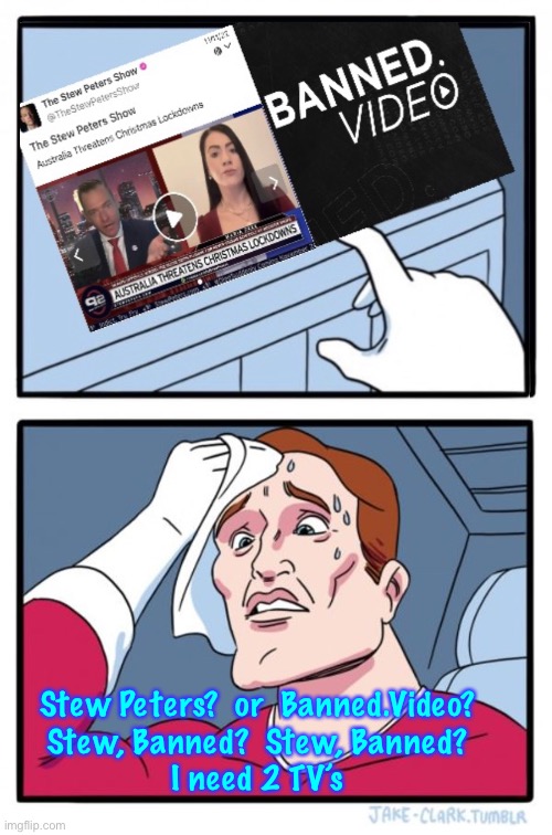 I really DO Need to watch BOTH | Stew Peters?  or  Banned.Video?
Stew, Banned?  Stew, Banned?
I need 2 TV’s | image tagged in memes,two buttons,dont knock it till u try it,more than u will ever learn anywhere else,they cant watch this,nxt weeks news 2day | made w/ Imgflip meme maker