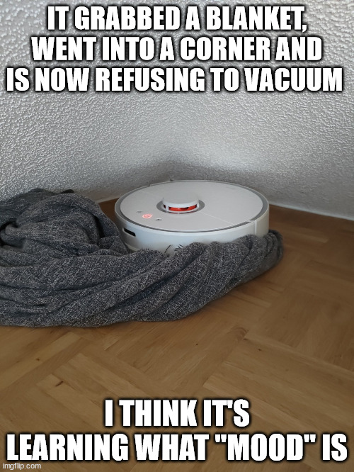 It's becoming sentient | IT GRABBED A BLANKET, WENT INTO A CORNER AND IS NOW REFUSING TO VACUUM; I THINK IT'S LEARNING WHAT "MOOD" IS | image tagged in funny memes,current mood,sleepy | made w/ Imgflip meme maker